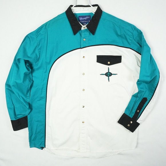 Vintage Wrangler Western Shirt Turquoise White Southwestern Mens XL - Excellent